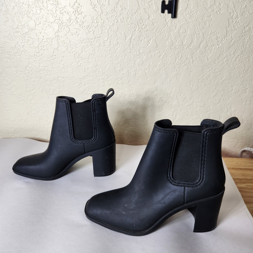 Jeffrey Campbell Stormy Matte Black Rubber Block Heel Rain Boots Womens 8